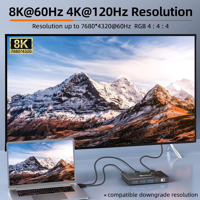 AOOCOO KVM Switch 8K@60Hz,HDMI KVM Switch for 2 Computers Sharing 1 Monitor and 3 USB3.0 Devices, Wired Remote Control and USB Cable Included - Image 3